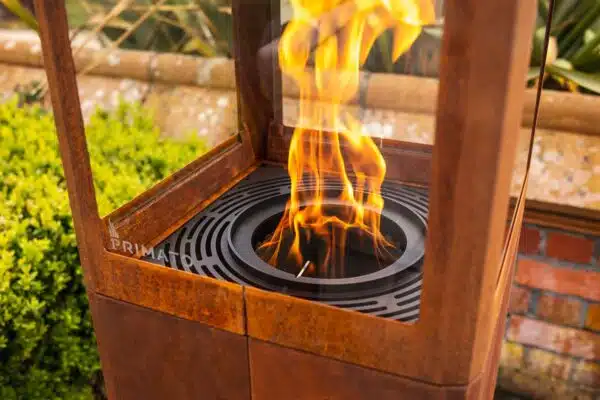 Qube Corten Steel Pellet patio heater with flame