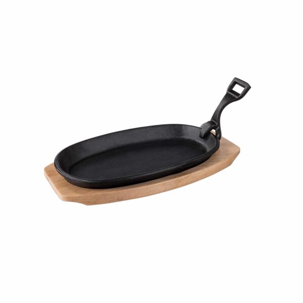 Cast iron oval sizzler plate with wooden base and detachable handle - 24cm product image