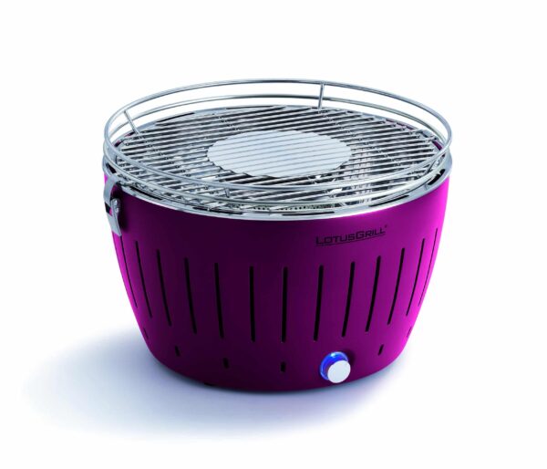 LotusGrill Standard Smokeless Table Top Grill With Fuel and Free Bag - Purple top and side view