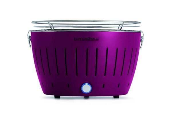 LotusGrill Standard Smokeless Table Top Grill With Fuel and Free Bag - Purple side view