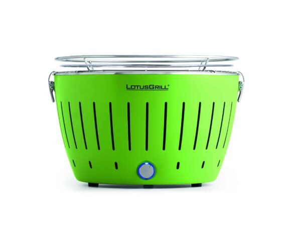 LotusGrill Standard Smokeless Table Top Grill With Fuel and Free Bag - Green side view