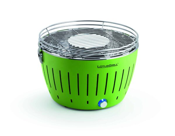 LotusGrill Standard Smokeless Table Top Grill With Fuel and Free Bag - Green top and side view