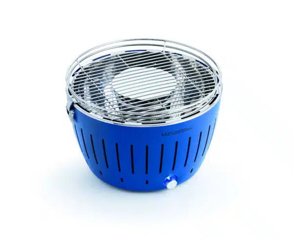 LotusGrill Standard Smokeless Table Top Grill With Free Bag And Fuel - Blue top and side view 2