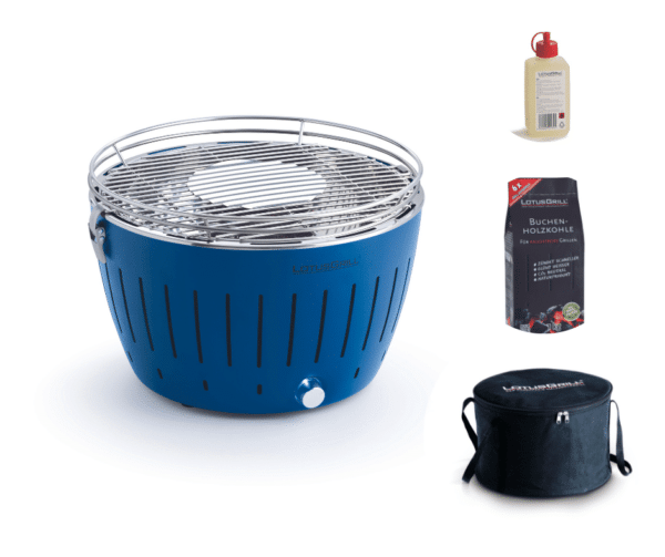 LotusGrill Standard Smokeless Table Top Grill With Free Bag And Fuel - Blue Starter Bundle