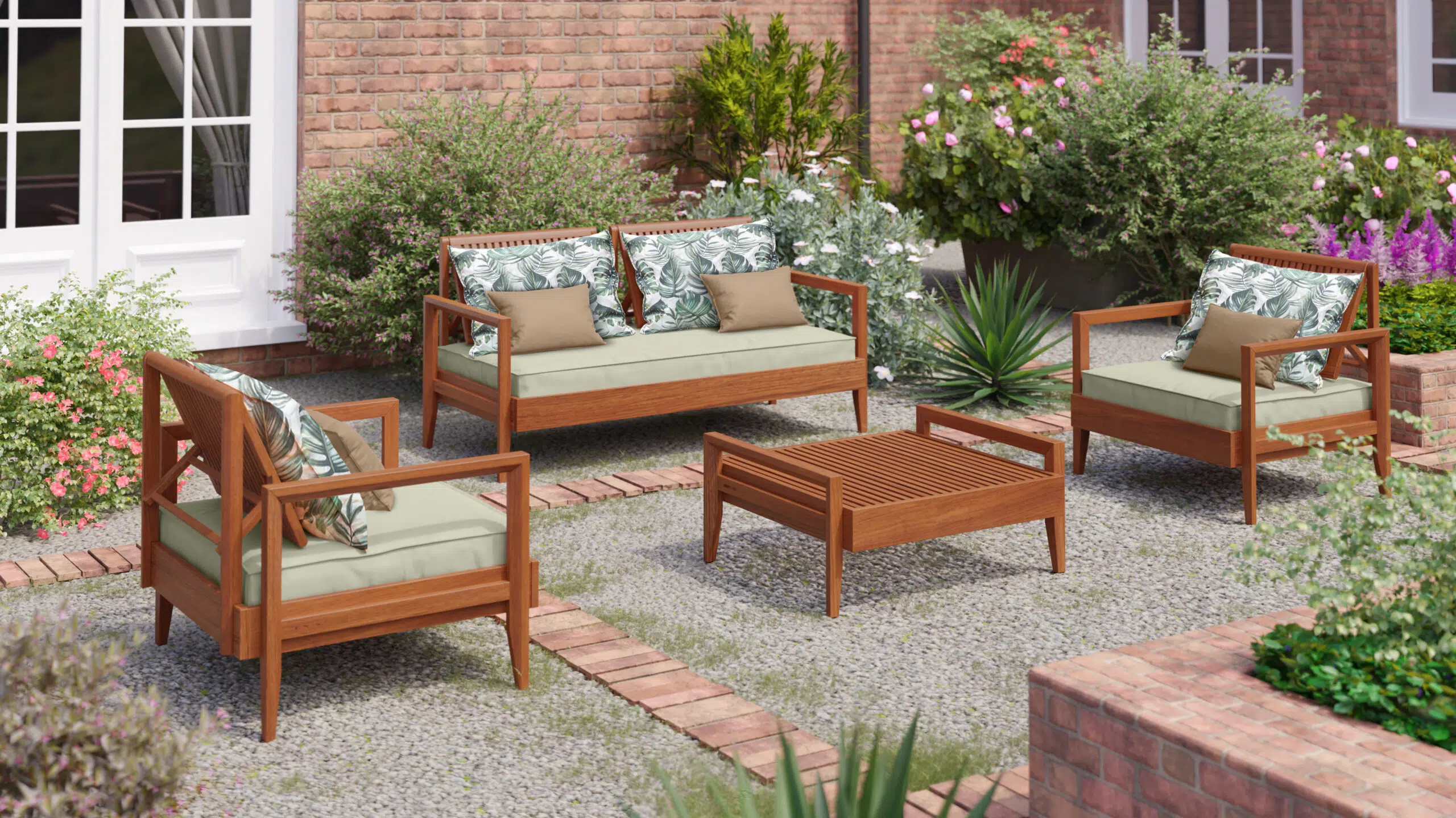 Mood Collection 4 piece lounge set lifestyle image palm leaf- wooden garden furniture